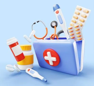 First aid box with drugs, open medicine chest with stethoscope, thermometer Illustrazione stock