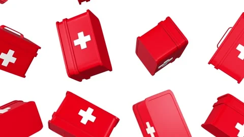 First Aid Boxes Falling on a White Background. 3D First Aid Kits. Medicines. 4K Stock Footage 289011915