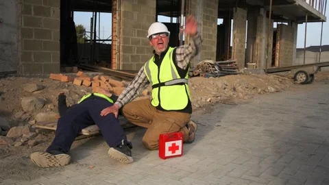First aid for builder accident fall scaffolding to floor at construction site, Stock Footage 274480138