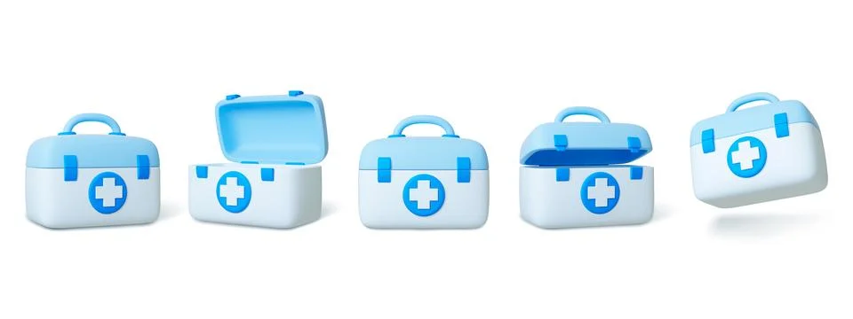 First aid chest 3d. Realistic medicine plastic kit box different rotate Stock Illustration