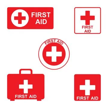 First aid cross icon vector set with red medical boxes and emergency care Stock Illustration