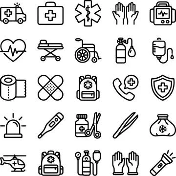 First Aid Emergency Icon Set Showing Medical Equipment Line Art Vector Grap.. Stock-Illustration