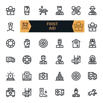 First Aid featuring 32 256x256 Vector Icons in Bold Line Design Stock Illustration