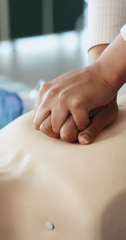 First aid, hands and person with dummy for cpr training for safety compliance in 스톡 동영상 332967730