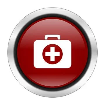 First aid icon, red round button isolated on white background, web design ill Stock Illustration