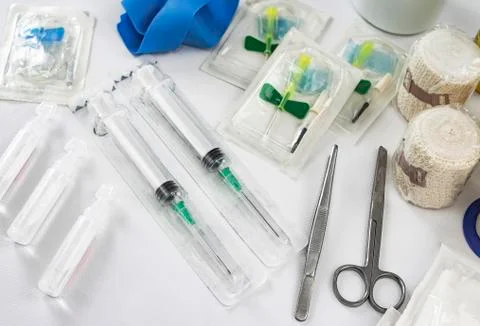 First aid instruments of a nursing or emergency room in a hospital Stock Photos