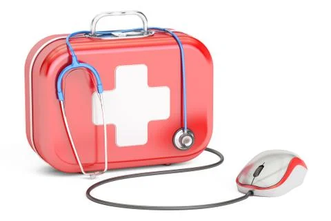 First Aid Kit and computer mouse. First Aid online concept , 3D rendering Stock Illustration