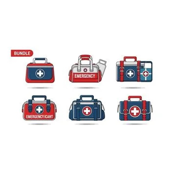 First aid kit and emergency medical bag icon set Stock Illustration