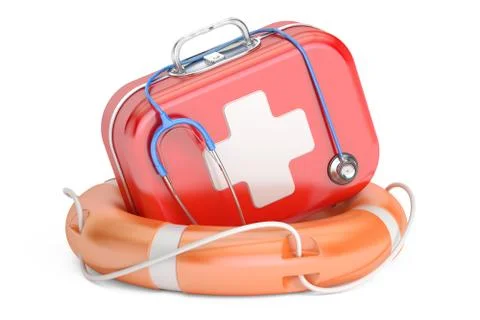First Aid Kit and Life buoy. First Aid concept, 3D rendering Illustrazione stock