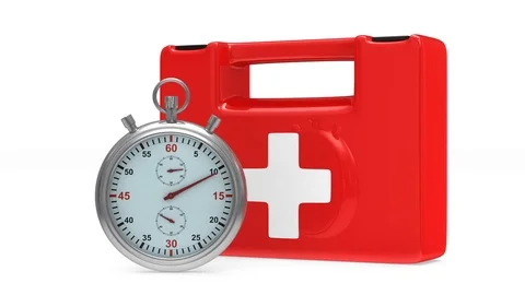 First aid kit and stopwatch on white background. Isolated 3D render Stock Footage 77243565