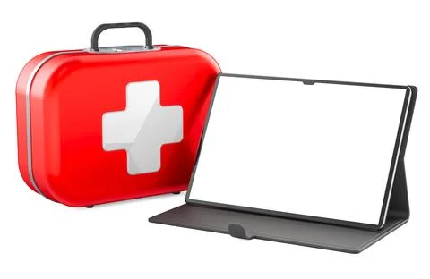 First aid kit and tablet computer with blank screen, 3D rendering Stock Illustration
