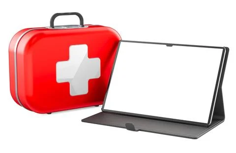 First aid kit and tablet computer with blank screen, 3D rendering First ai... Foto stock