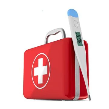 First aid kit and thermometer on white background. Isolated 3D illustration Stockillustratie