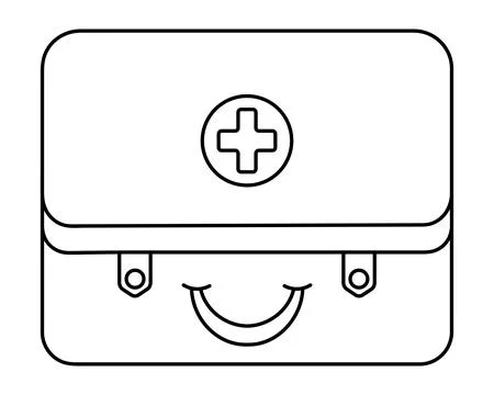First aid kit. Box with first aid items, decorated with a cross. Vector. Stock Illustration