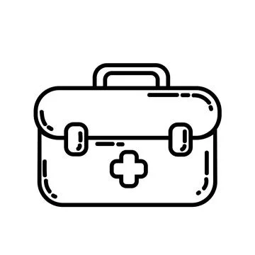 First aid kit box flat line icon. Medicine chest with white cross camping or Stock Illustration