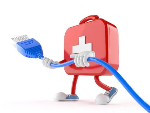 First aid kit character with network cable Illustrazione stock