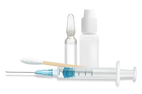 First aid kit containing a syringe, ampoule, vial with solution, and cotton.. Stock Illustration