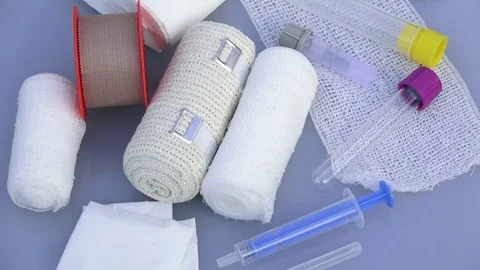 First aid kit with dressing material. Test tube for laboratory Stock Footage 78545428