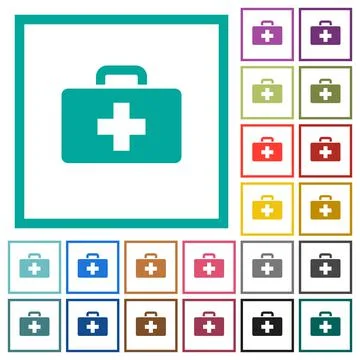 First aid kit flat color icons with quadrant frames Stock Illustration