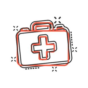 First aid kit icon in comic style. Health, help and medical diagnostics vecto Stock Illustration