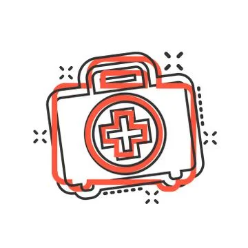 First aid kit icon in comic style. Health, help and medical diagnostics vecto Illustrazione stock