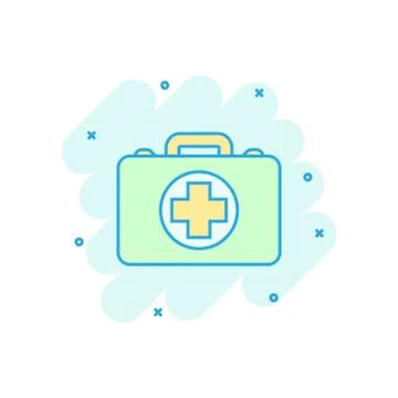 First aid kit icon in comic style. Health, help and medical diagnostics vecto Illustrazione stock