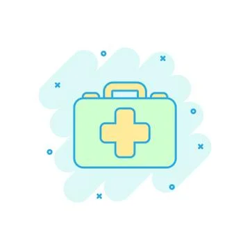 First aid kit icon in comic style. Health, help and medical diagnostics vecto Ilustração Stock