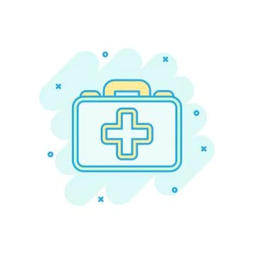First aid kit icon in comic style. Health, help and medical diagnostics vecto Illustrazione stock
