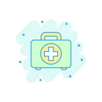 First aid kit icon in comic style. Health, help and medical diagnostics vecto Stock Illustration