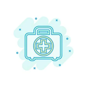 First aid kit icon in comic style. Health, help and medical diagnostics vecto Stock Illustration
