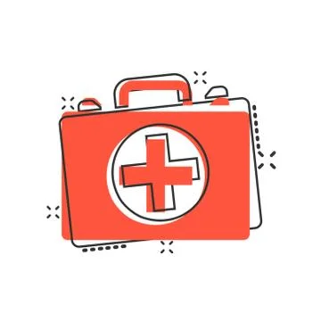 First aid kit icon in comic style. Health, help and medical diagnostics vecto Stock Illustration