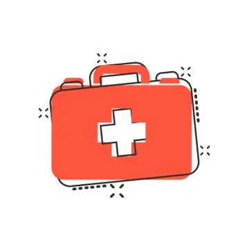 First aid kit icon in comic style. Health, help and medical diagnostics vecto Stock Illustration
