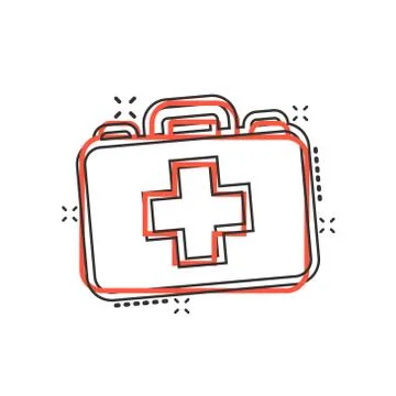 First aid kit icon in comic style. Health, help and medical diagnostics vecto Stock Illustration
