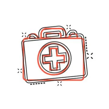 First aid kit icon in comic style. Health, help and medical diagnostics vecto Illustrazione stock