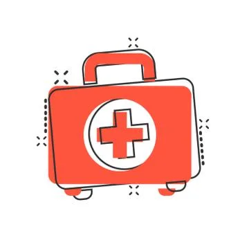 First aid kit icon in comic style. Health, help and medical diagnostics vecto Illustrazione stock