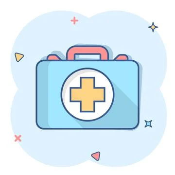 First aid kit icon in comic style. Health, help and medical diagnostics vecto Illustrazione stock