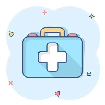 First aid kit icon in comic style. Health, help and medical diagnostics vecto Stock Illustration