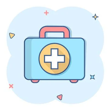 First aid kit icon in comic style. Health, help and medical diagnostics vecto Stock Illustration