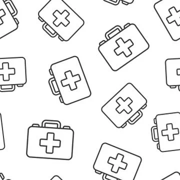 First aid kit icon seamless pattern background. Health, help and medical diag Stock Illustration