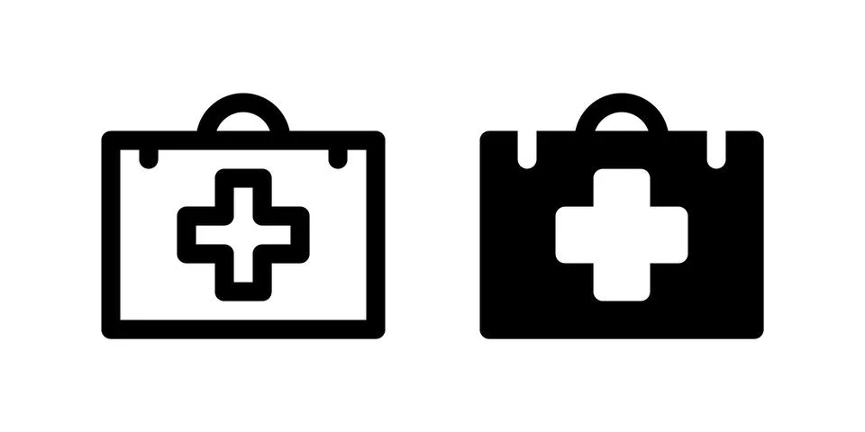 First Aid Kit Icon Set. A black glyph and outline icon of a first aid kit, .. Stock Illustration