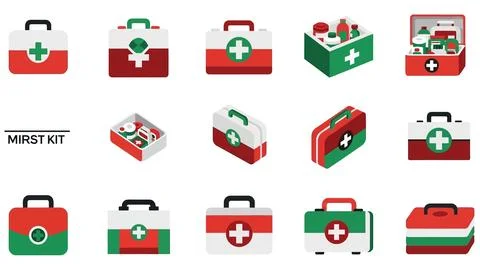 First aid kit icon set. medical emergency box collection. healthcare and sa.. Stock Illustration