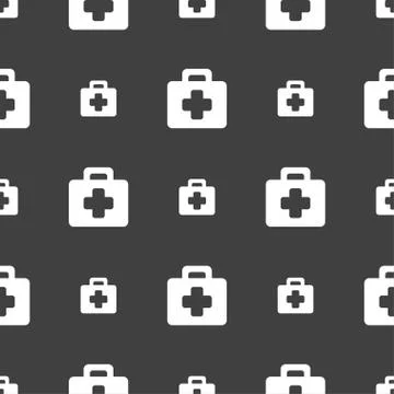 First aid kit icon sign. Seamless pattern on a gray background. Vector Illustrazione stock