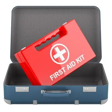 First aid kit inside suitcase. First Aid in travel, concept. 3D rendering Stock Illustration