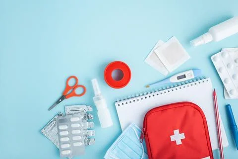 First aid kit items flat lay Stock Photos