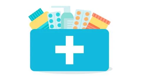 First aid kit with medicines inside. Pharmacy and Medical concept. Emergency  Stock Illustration