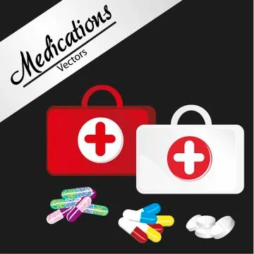 First aid kit over black background with medications Illustrazione stock