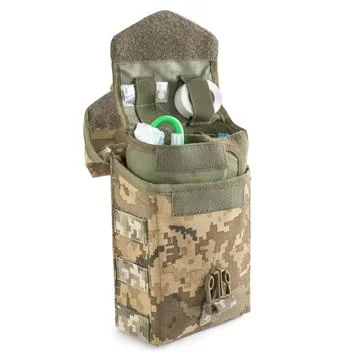 First aid kit in pixel camouflage. Military tactical equipment for paramedics Stock Photos