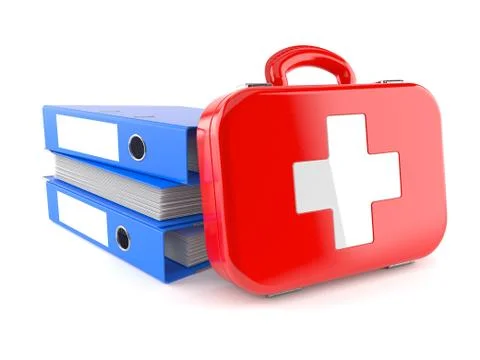 First aid kit with stack of ring binders Stock Illustration