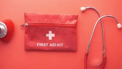 First aid kit ,stethoscope and heart shape on ted Stock Footage 170068463