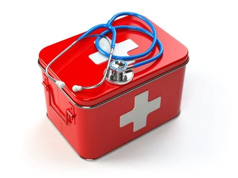 First aid kit with stethoscope isolated on white. Stockillustratie
